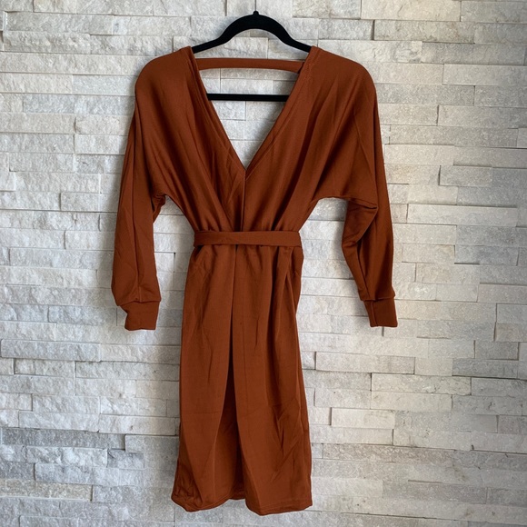 Burnt Orange Long Sleeve Ribbed Dress - Picture 4 of 6